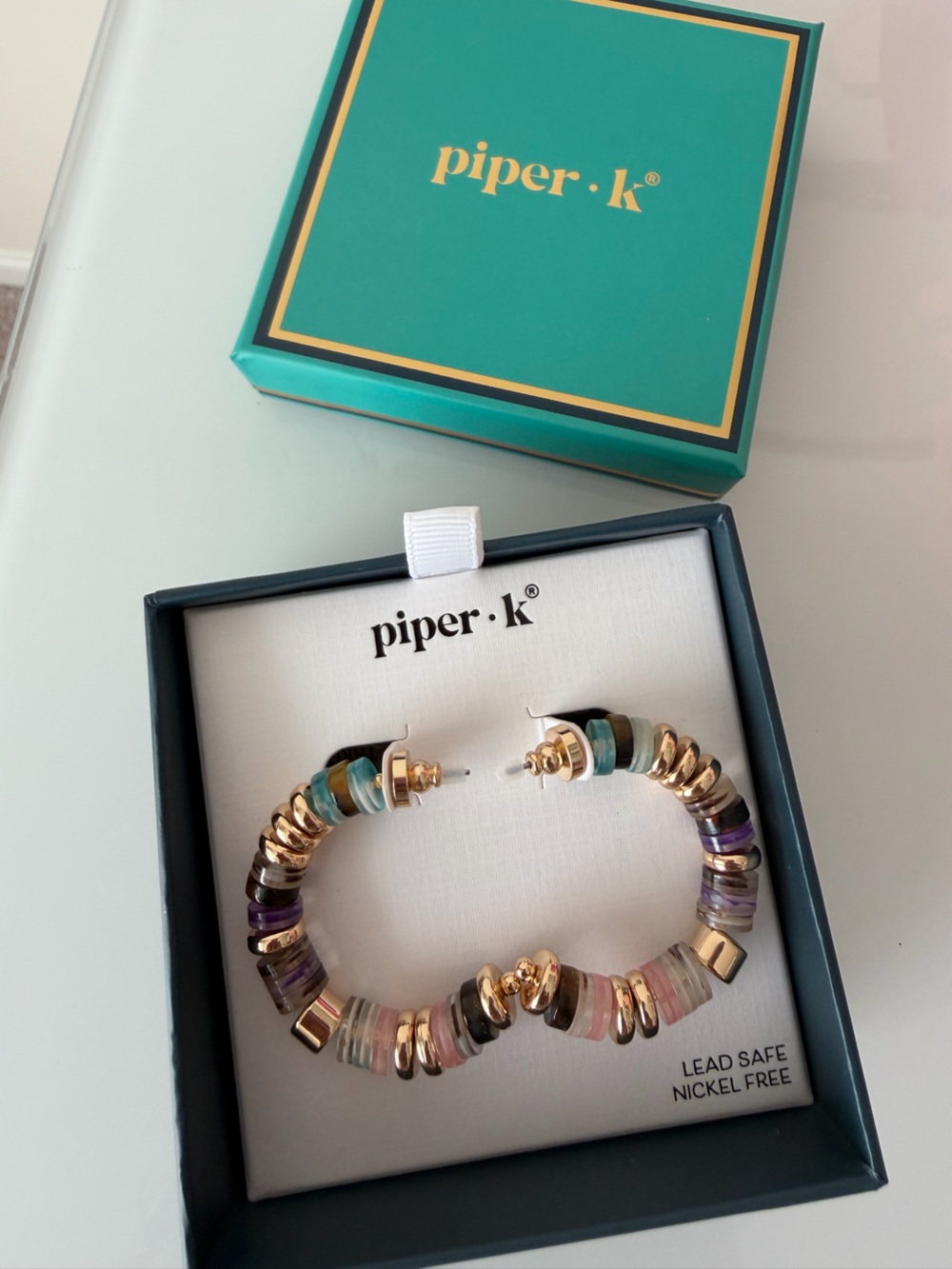 Gold colorful beaded stone Hoop Earrings